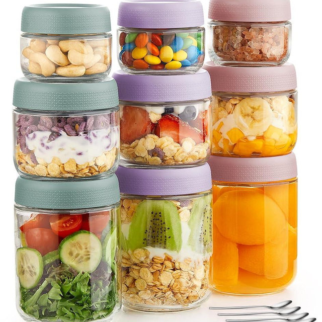 9 Pack Overnight Oats Containers with Lids, Large & Small Glass Mason Jars 16oz & 10oz & 4oz, Glass jars with Airtight Lids, Salad Meal Prep Jars for Food Storage, Overnight Oats Jars for Milk, Fruit