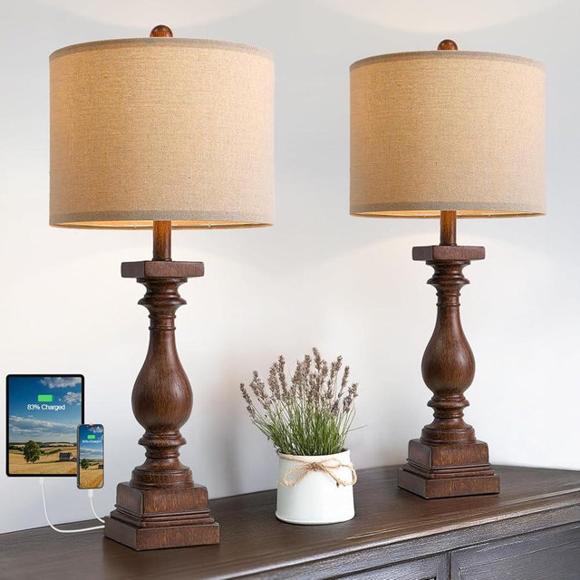 BOBOMOMO 27" Farmhouse Living Room Lamps with USB-A +C Ports, Vintage Rustic Bedside Night Stand Lamps Set of 2, Linen Shade, Retro Side Table Lamps for Living Room, Bedroom, Office, Home Decor