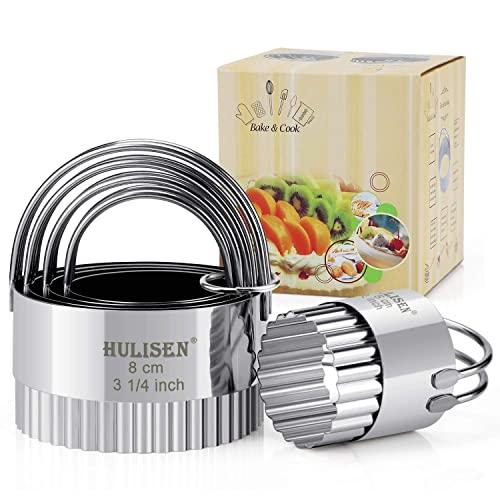 HULISEN Biscuit Cutter Set (5 Pieces/Set), Stainless Steel Round Biscuit Cutters with Handle, Wave Cookies Cutter with Fluted Edge, Professional Baking Dough Tools (Wave)