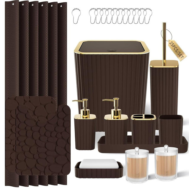 XLHOMO Bathroom Accessories Set - 25PC Brown Bathroom Sets with Shower Curtain and Rugs, Bathroom Accessory Set, Brown Shower Curtain Set, Trash Can, Qtip Holder Dispenser & Soap Dispenser