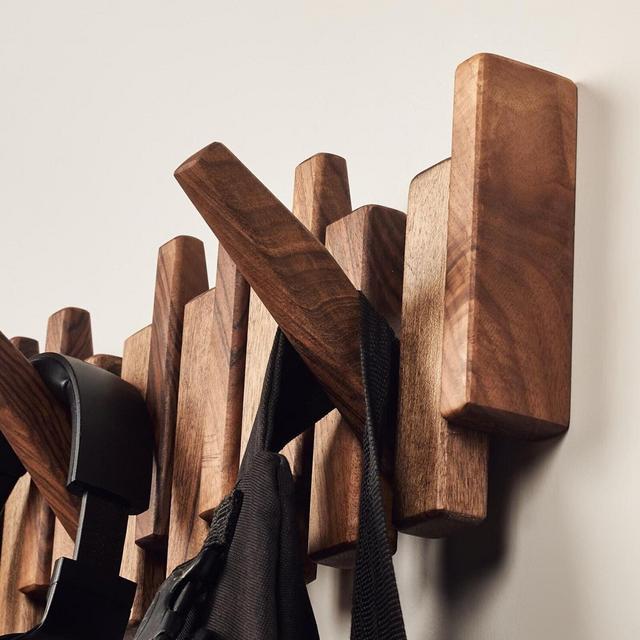 Modern Solid Walnut Wood Piano Coat Rack, Rustic Farmhouse Decor Space Saving Magnetic Hook Rack Multifunctional Wall Coat Hat Towel Storage
