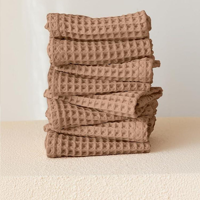 Viva Maison Waffle Washcloth Towel Sets for Bathroom - Soft, Quick Dry, Thin, Lightweight, 100% Turkish Cotton Towels (Brown, Set of 8 Washcloths)
