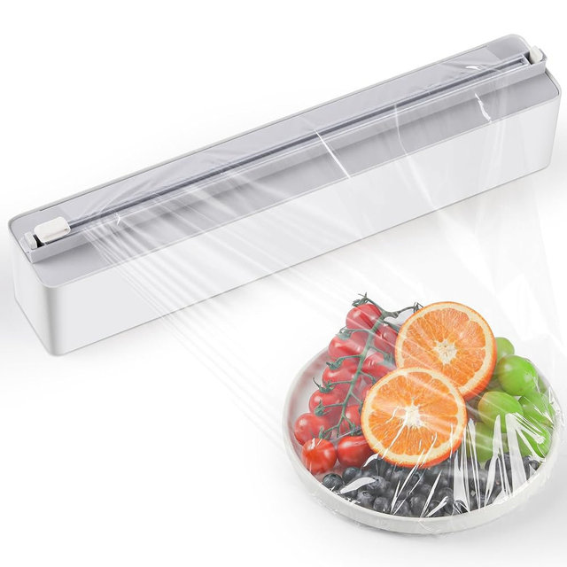 Magnetic Plastic Wrap Dispenser with Cutter - Quasziwa Upgrade Practical Refillable Cling Wrap Aluminum Tin Foil Organizer for Drawer, Include an Extra Roll of 12"X 164' Food Cling Film - Grey