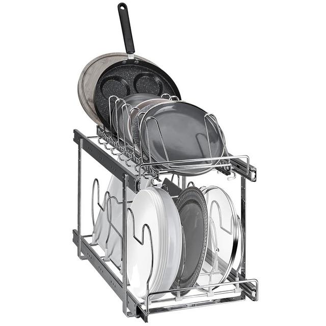 VEVOR Pan and Pot Rack, 2-Tier Expandable Pull Out Under Cabinet Organizer, Cookie Sheet Baking Pans Tray Racks, Adjustable Wire Dividers, Steel Lid Holder for Kitchen Cabinet & Pantry Storage, 12"W