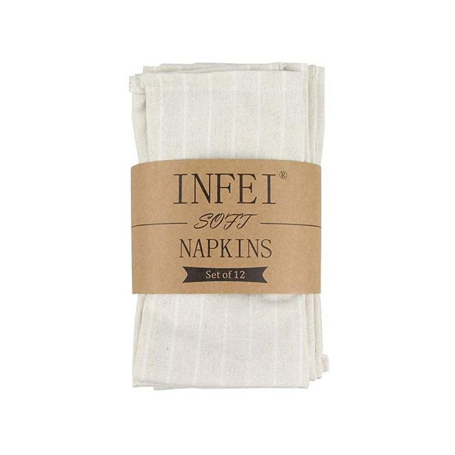 INFEI Soft White Striped Linen Cotton Dinner Cloth Napkins - Set of 12 (40 x 30 cm) - for Events & Home Use (Beige)