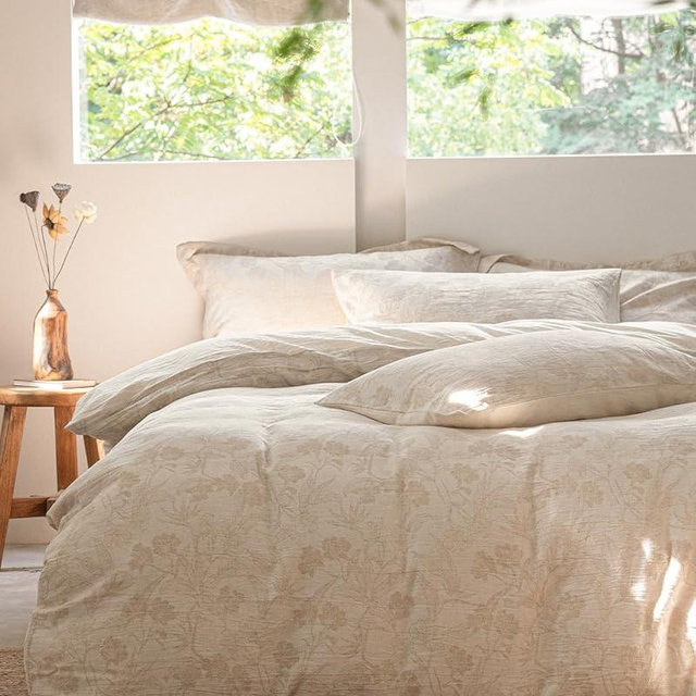 MILDLY Linen Cotton Duvet Cover - Garden Floral Jacquard Textured Comforter Cover Set 3pcs with Zipper Closure Breathable & Minimalist for All Season