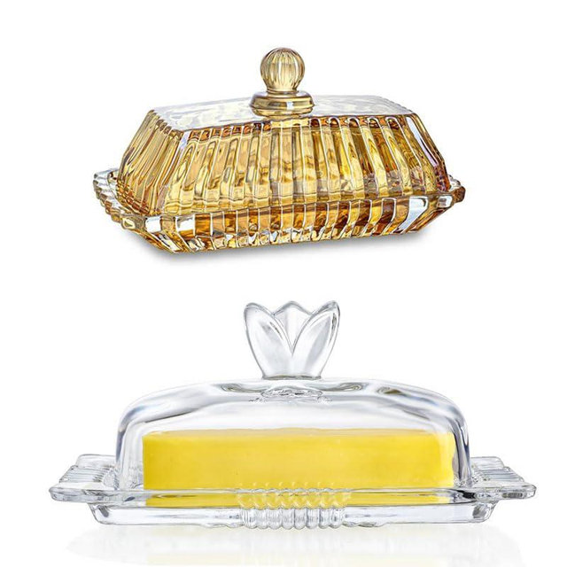 7'' Clear Glass Butter Dish with Lid and 6.5'' Champagne Covered Butter Dish