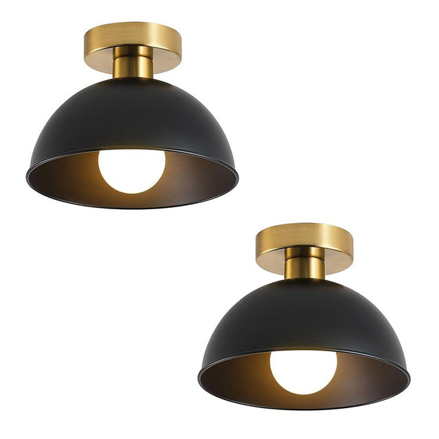 MIAOMEIO 2 Pack Semi Flush Mount Ceiling Light with Gold Plate and Matte Black Shade, Farmhouse Ceiling Light Fixture for Kitchen Island Foyer Hallway Porch(2 Pack Black)