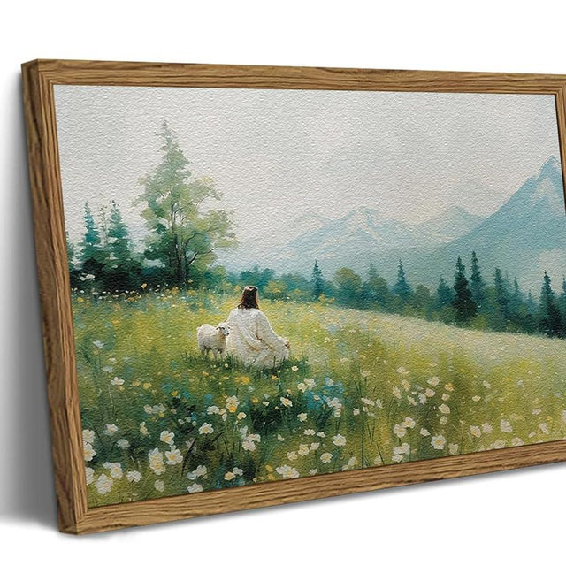 Jesus Leaves the 99 Sheep Wall Art, Christian Jesus and Lamb Pictures Wall Decor Paintings, 3D Sandstone Textured The Lost Lamb Religious Prints for Living Room Bedroom Prayer Room 12x16 inch Framed