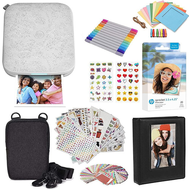 HP Sprocket 3x4 Instant Photo Printer - Kit: 20 Pack Zink Paper, Case, Photo Album, Markers, Sticker Sets