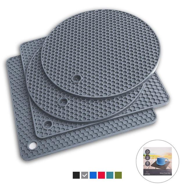 Q's INN Gray Silicone Trivet Mats | Hot Pot Holders | Drying Mat. Our 7 in 1 Multi-Purpose Kitchen Tool is Heat Resistant to 440°F, Non-slip,durable, flexible easy to wash and dry and Contains 4 pcs.