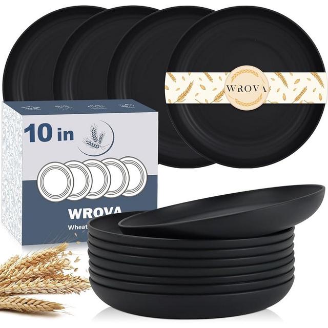 Wrova Wheat Straw Plates - 10 Inch Unbreakable Dinner Plates Set of 8 - Dishwasher & Microwave Safe Plastic Plates Reusable - Lightweight Plates for kitchen,camping (Pure Black)