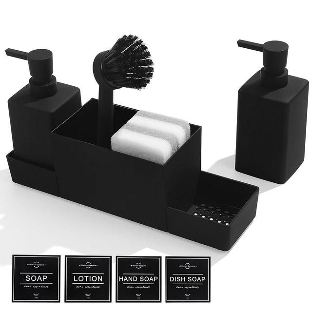 DAHACIS Kitchen Soap Dispenser with Sponge Holder and Brush, Dish Soap and Hand Soap Dispenser for Kitchen Sink (Matte Black, 4 in 1)