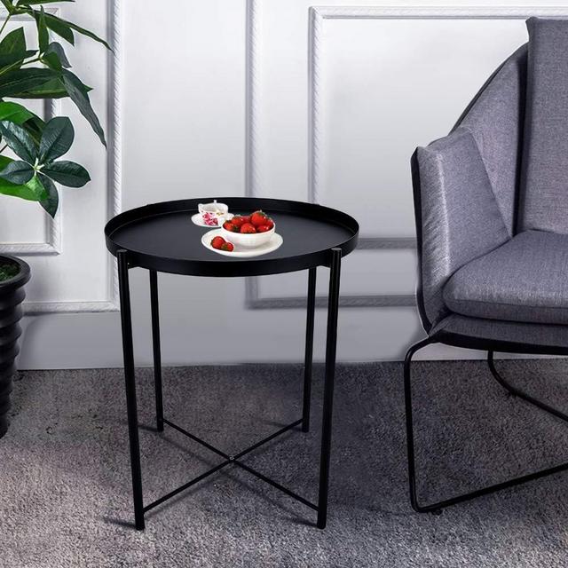 Round Metal Side Table - 20'' Tall Reversible Tray Small End Table, Modern Steel Patio/Garden/Sofa/Coffee/Bed/Nesting Tables Nightstand for Living Room Bedroom Decor Indoor Outdoor (Black)