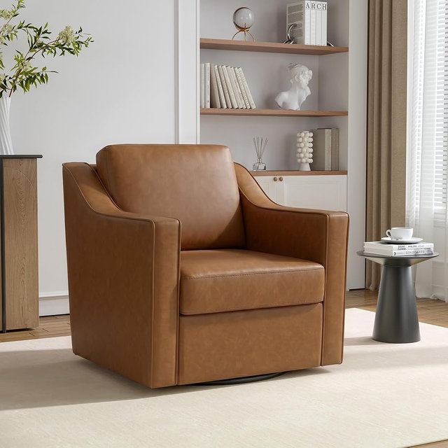 Qatiby Faux Leather Swivel Accent Chair, 360° Swivel Club Armchairs, Brown | Comfy Upholstered Reading Chair with Deep Seat, Metal Swivel Base, PU Leather, Easy to Clean, for Living Room Bedroom