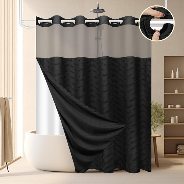 FADOTY No Hook Shower Curtain and Snap in Liner Set Black Tufted Chevron Striped Cloth Waterproof Washable Fabric Boho Farmhouse Bath Curtain See Through Mesh Top Window for Bathroom Hotel 71" x 74"