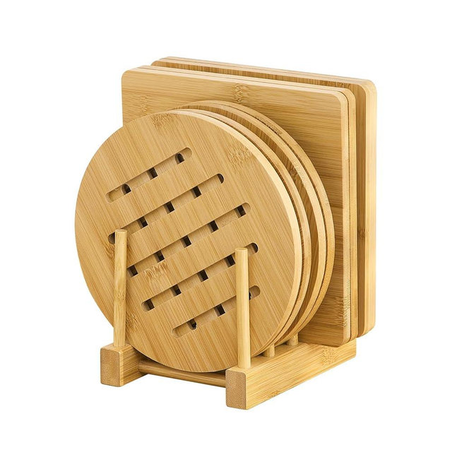 GHWIE Bamboo Trivet with Stand -Heat Resistant Pot Holders for Kitchen,Multi-Purpose Hot Pads,Hot Plate Mats,Medium Stove Mat-Air Fryer Accessories and Trivets for Hot Dishes,4 PCS