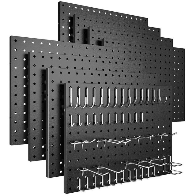 Spampur Peg Board, 8 Pack Metal Pegboard Panels with 50 Hooks, Black Pegboards Wall Organizer, Heavy Duty Peg Board for Walls Home, Garage Tool Storage, Office Organization, Craft Room, Kitchen