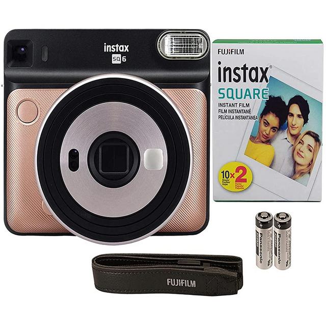 Fujifilm Instax Square SQ6 + Fujifilm Instax Square Instant Film (20 Sheets) Bundle with Sturdy Tiger Stickers + Deals Number One Cleaning Cloth (Blush Gold)