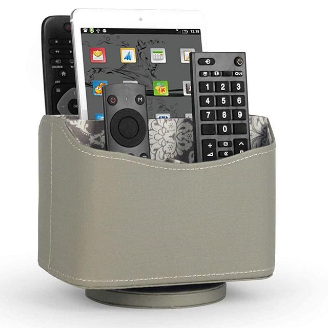 HofferRuffer Spinning Remote Control Holder, Remote Controller Holder, Remote Caddy, Media Storage Organizer, Spinning Remote Control Organizer, 7.3X 5.5 x 6 inches, Classic Grey PU Leather