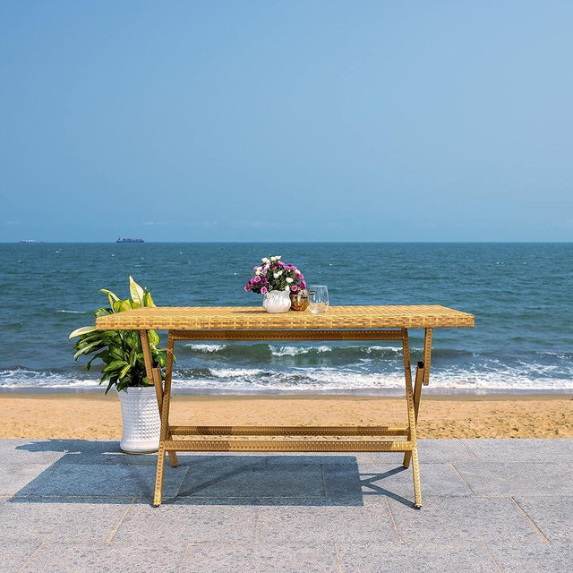 SAFAVIEH Outdoor Collection Akita Natural Folding Table with Umbrella Hole PAT7503D