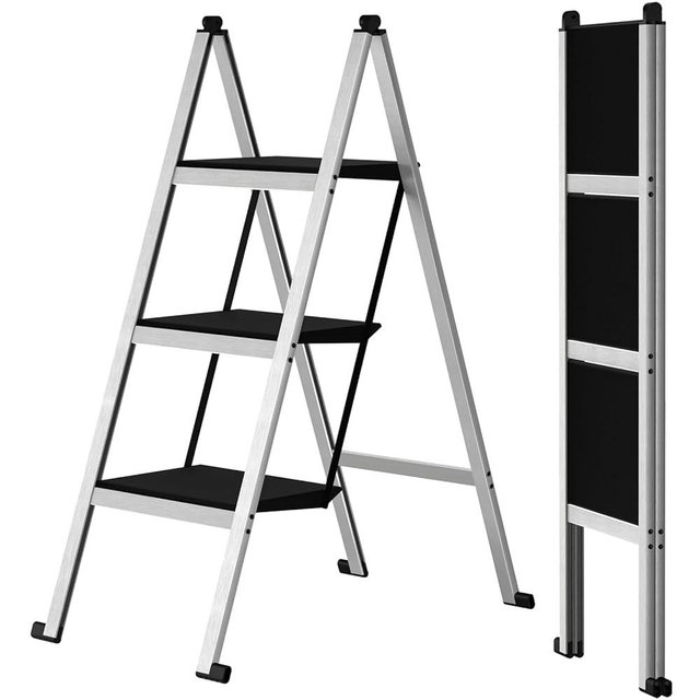 Ainai 3 Step Ladder,Aluminum Ultra Thin Folding Step Stool,400 Lbs Capacity with Anti-Slip Sturdy and Wide Pedal,Closet Step Ladder for Home,Kitchen and Office,Space Saving (Silvery White, 3-Step)