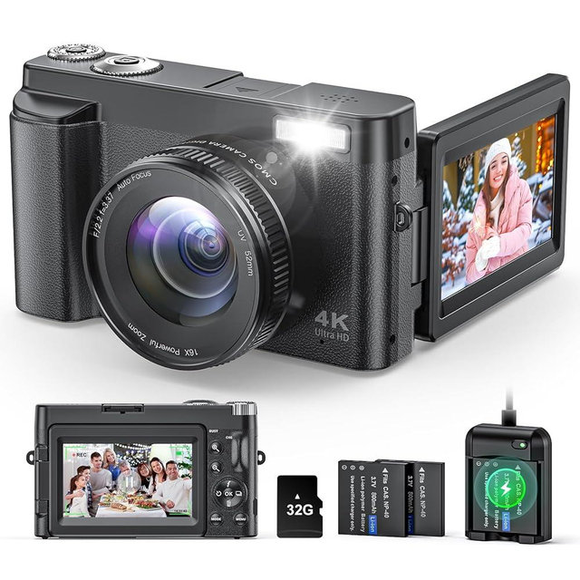 4K Digital Camera for Photography and Video, Autofocus Anti-Shake 48MP Vlogging Camera for YouTube, 3'' 180°Flip Screen Camera with Flash 16X Zoom, Digital Camera with 32GB Card Battery Charger Black