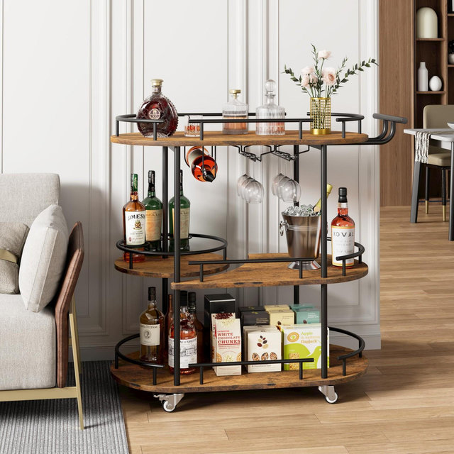 Bar Carts with 4-Tiers Storage Shelves，Mobile Bar Seving Carts On Wheels with Wine Rack and Glass Holder