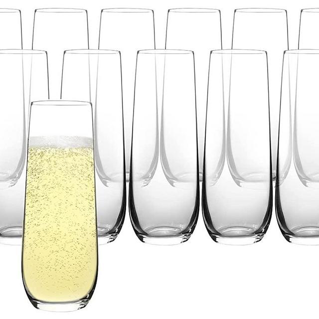 FAWLES Stemless Champagne Flutes Set of 12, Crystal Glass, 8 oz Champagne Glasses, Prosecco Mimosa Glasses Set