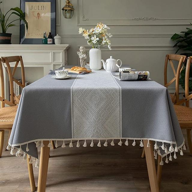 H&Wanss Tablecloths Rectangle Washable Table Cloth Heavy Duty Dust-Proof Table Cover for Party Kitchen Dining Table with Tassel Stitching (55"X63", Gray)