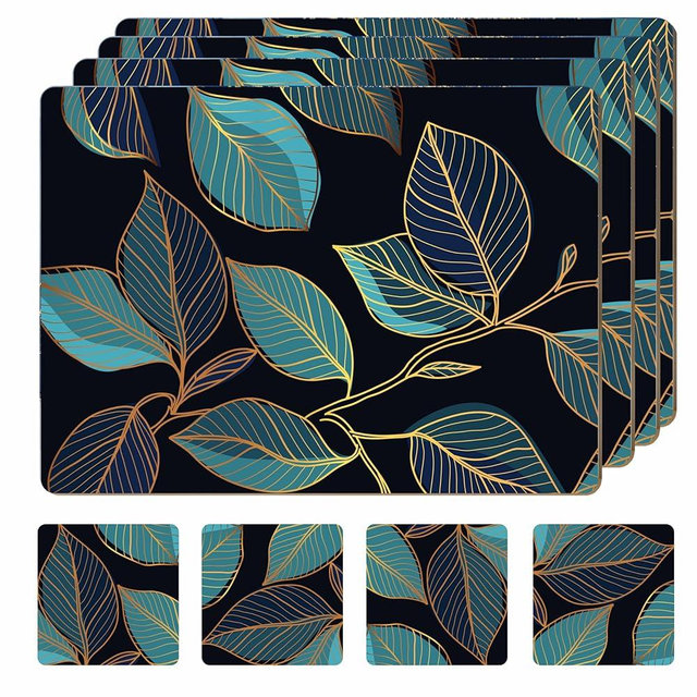 Moderry Set of 4 Heat Resistant Cork Placemats for Dining Table with Free Set of 4 Matching Drink Coasters Sage Green Marble Design 16 x 12 Inches Cork Backed Hard Placemats (Blue Gold Botanical)