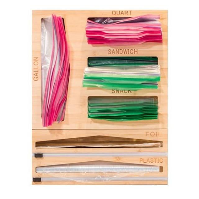 BU Storage Bag Organizer, Foil & Plastic Wrap Dispenser with Cutters, 6in1 Bamboo Bag Organizer for Kitchen Drawer & Wall Mount-Gallon,Quart,Sandwich,Snack, Foil & Plastic Holders