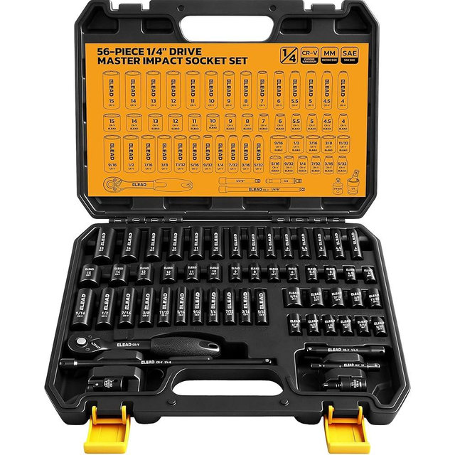ELEAD 1/4" Drive Impact Socket Set, 56-Piece Standard SAE (5/32 to 9/16 inch) and Metric (4-15mm) Size, Deep & Shallow, 6 Point, Cr-V, 72-Tooth Ratchet Handle, Extension Bar, Universal Joint