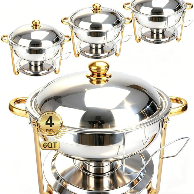 Chafing Dishes for Buffet 4 Pack, 6QT Round Chafing Dish Buffet Set Stainless Steel Buffet Food Warmers Set for Catering Events Party Dinner with Complete Set, Gold and Silver Chafing Dishes for Party
