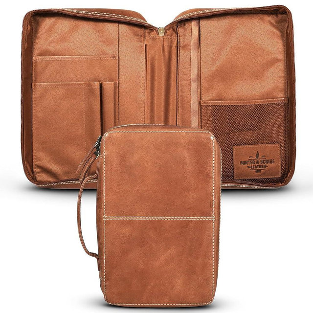 Hunter & Scribe Leather Bible Covers for Men and Women - Top Grain Buffalo Leather - Genuine Leather Bible Cover with Pockets, Zipper, and Bookmark - Bible case - Book Cover - Large Light Brown