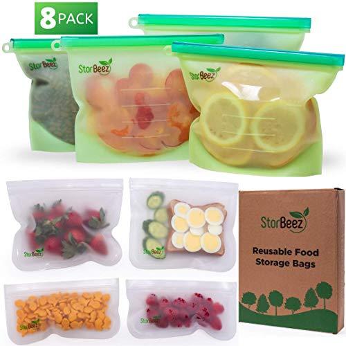 Reusable Food Storage Bags | 4 Silicone Bags: 1 Large 3 Medium | 4 PEVA Ziplock Bag: 2 Sandwich Bags 2 Snack size. Dishwasher Safe Silicon bag. Great for Freezer and Kitchen - Plastic Free, BPA FREE