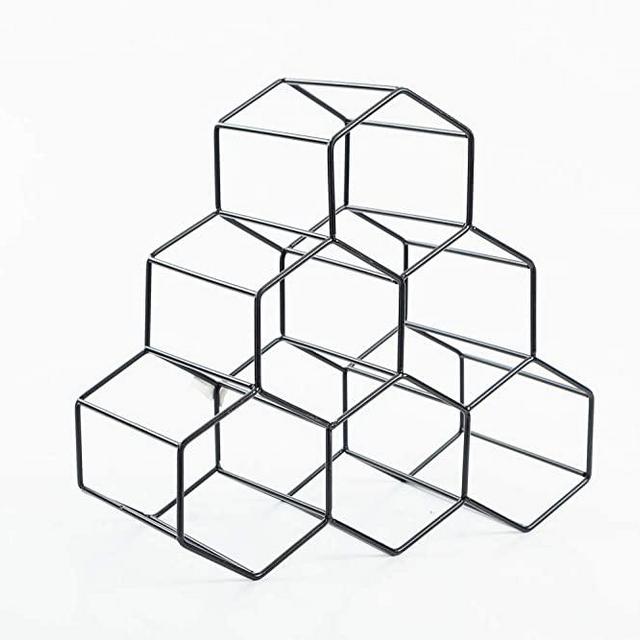 Asian Home Geometric Hexagon 6 Bottle Desktop Wine Rack Freestanding Countertop Bottle Holder for Wine Storage, Metal, Black