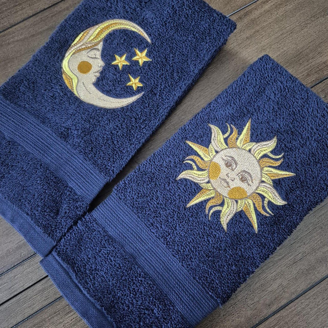 Whimsical Celestial Sun & Moon Embroidered Hand Tea Towel