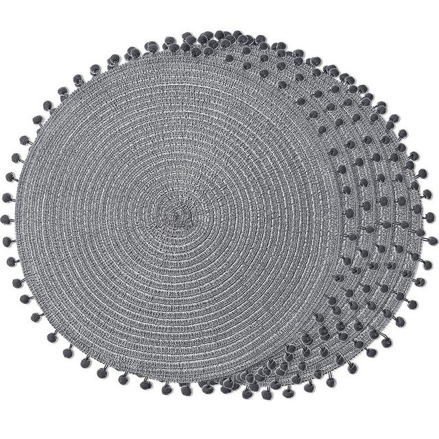 FunWheat Round Braided Placemats Set of 6 Place mats for Dining Tables Woven Heat Resistant Cute Table Mats 15 inch(M Pom Pom Dark Grey)