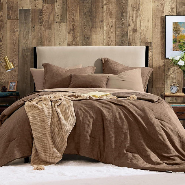 Geniospin Brown Queen Comforter Set - 7 Pieces Comforter Queen Size, Solid Bedding Set for All Season, Textured Bed in a Bag with Sheets