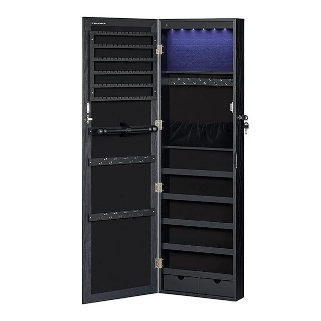 SONGMICS 6 LEDs Mirror Jewelry Cabinet, 47.2" H Lockable Wall/Door Mounted Jewelry Armoire Organizer with Mirror, 2 Drawers, Black UJJC093B01