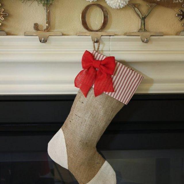 Christmas Stocking with Burlap and Red Ticking Accents