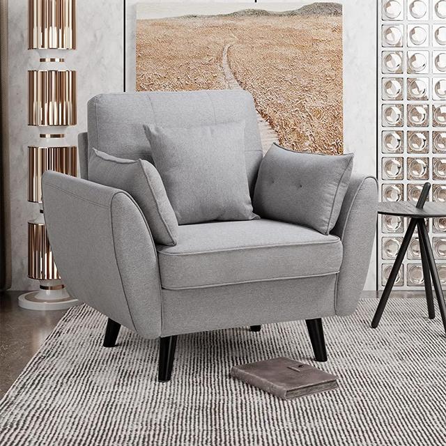 Shintenchi 38" Small Modern Accent Arm Couch Sofa，Linen Fabric Upholstered Single Sofa Chair Furniture for Small Space,Living Room, Apartment with 2 Pillow, Easy Assembly,Light Grey