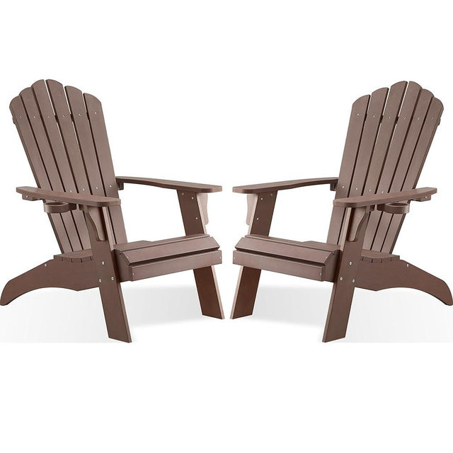 Psilvam Adirondack Chair, Oversized Poly Lumber Fire Pit Chair with Cup Holder, 350Lbs Support Patio Chairs for Garden, Weather Resistant Adirondack Chair Looks Like Real Wood (2, Brown)
