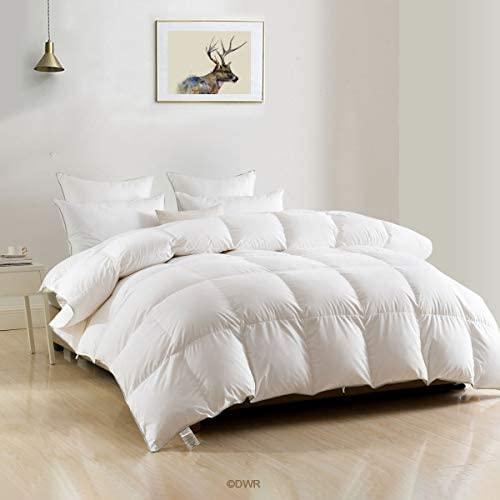 DWR Luxury Feathers Down Comforter Oversized Full/Queen, Fluffy Goose Feathers Down Duvet Insert, Ultra-Soft Egyptian Cotton Cover, 750 Fill Power Medium Weight for All Season(98x98, White)