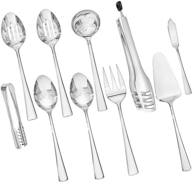 KINGSTONE 10 Piece Serving Utensils Set, 18/10 Stainless Steel Serving Utensils, Slotted Spoon, Fork, Tong, Soup Ladle, Cake Server, Butter Knife and Ice Tong for Buffet, Parties, Kitchen,Entertaining