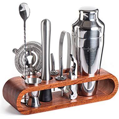 Mixology Bartender Kit: 10-Piece Bar Tool Set with Stylish Mahogany Stand - Perfect Home Bartending Kit and Martini Cocktail Shaker Set For an Awesome Drink Mixing Experience - Exclusive Recipes Bonus