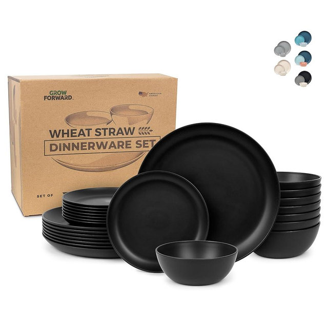 Grow Forward 24-piece Premium Wheat Straw Dinnerware Sets for 8 - Dinner Plates, Dessert Plates, Cereal Bowls - Unbreakable Microwave Safe Plastic Plates and Bowls Sets, RV, Camping Dishes - Midnight