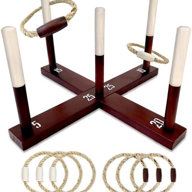 SWOOC Games - Rustic Ring Toss Outdoor Game (All Weather) - 15+ Games Included - Vintage Wood & Rope Ring Toss Yard Game with Wide Grip Handles and Carrying Case - Yard Toss Game for Kids & Family