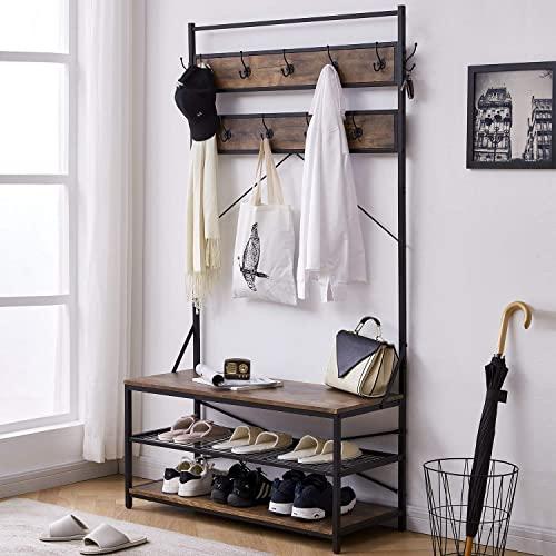 3-in-1 Entryway Coat Rack，Vintage Industrial Hall Tree 72 Inch with Storage Bench and Coat Racks Entryway Storage Shelf Organizer with 9 Hooks， Large Size, Wood Look Accent Furniture with Metal Frame